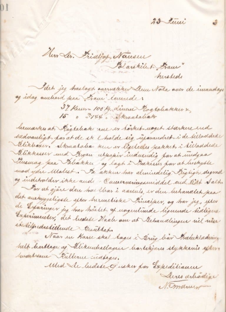 Brev fra Tiedemann til Nansen (Riksarkivet, Privatarkiv 0331, J.L. Tiedemanns Tobaksfabrik, Ba42).