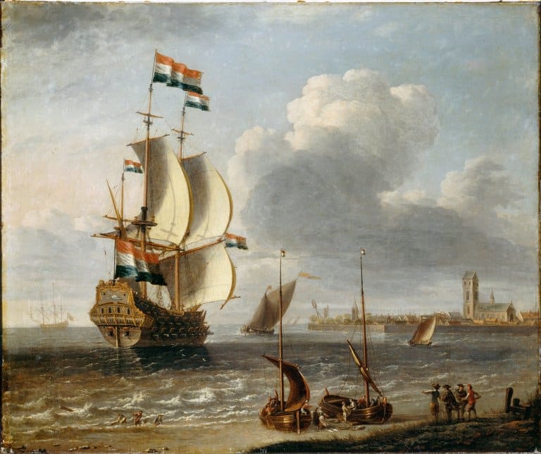 "Østindiafarer ved byen Hoorn i Nederland", malt av Lorenzo Castro i 1668. (Kilde: Dulwich kunstgalleri, public domain, Wikimedia Commons)