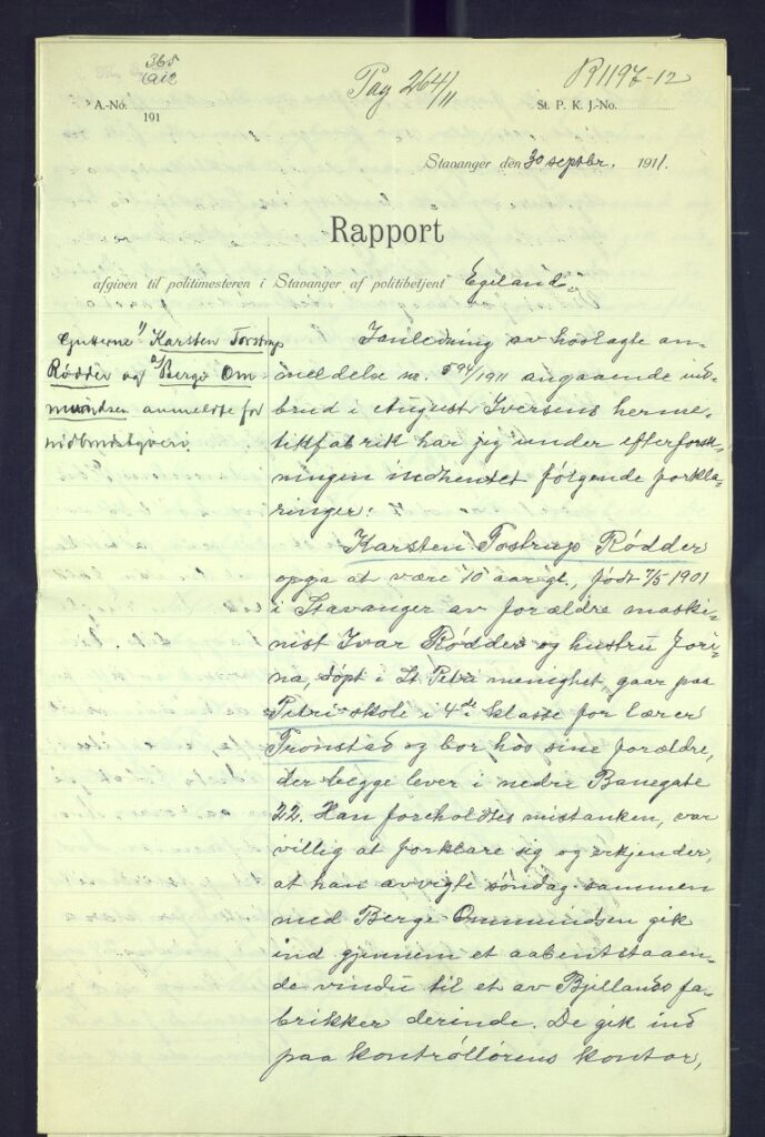Første side av politibetjent Egelands rapport om innbruddet Karsten og Berge foretok i 1911. Den er hentet fra Karstens elevmappe fra Lindøy skolehjem, 1912–1913.