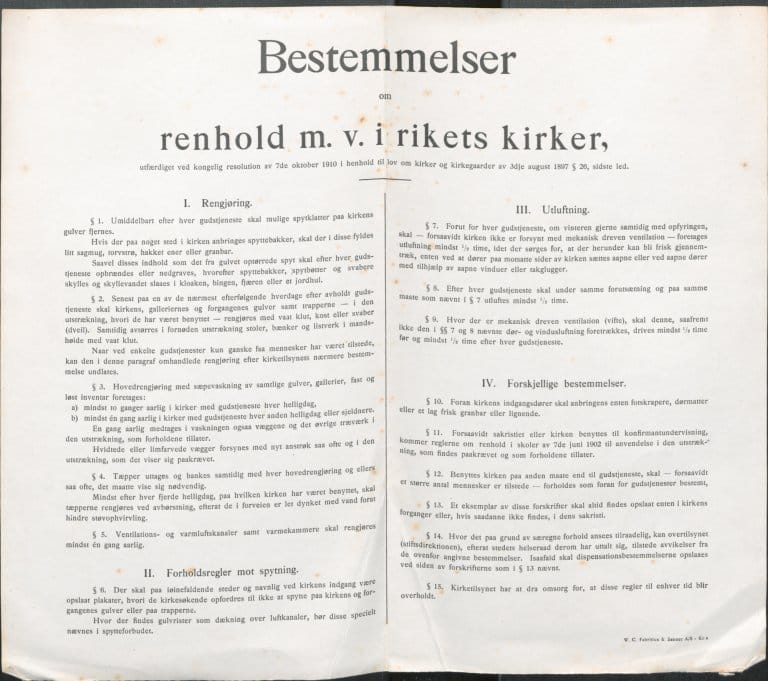 Rundskriv og forordninger blir gjerne brukt for lite når man gjør historiske undersøkelser. Når rundskrivet påpeker at man ikke skal spytte på gulvet så viser det at det åpenbart var et problem før. Om det kommer stadig nye rundskriv og forordninger som tar opp igjen det samme problemet, så viser dette at påbudene ikke alltid ble etterfulgt. (Arkivreferanse: Statsarkivet i Trondheim, Verdal sokneprestkontor, Stiklestad kirketilsyn 1912-1922, Renhold, 8a 2).