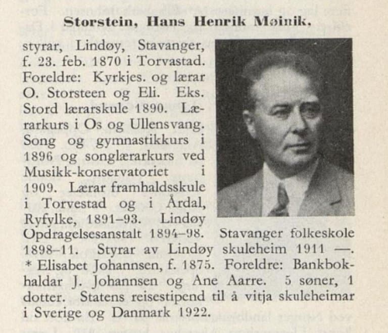 Bilde og omtale av bestyrer Henrik Storstein, trykt i «Norske skulefolk» (1934).