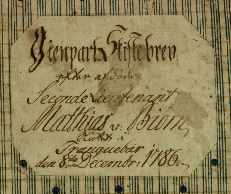 Skiftet etter den avdøde secondløytnanten Mathias von Biørn ble holdt på Tranquebar i 1786. Her er et utsnitt av forsiden.
