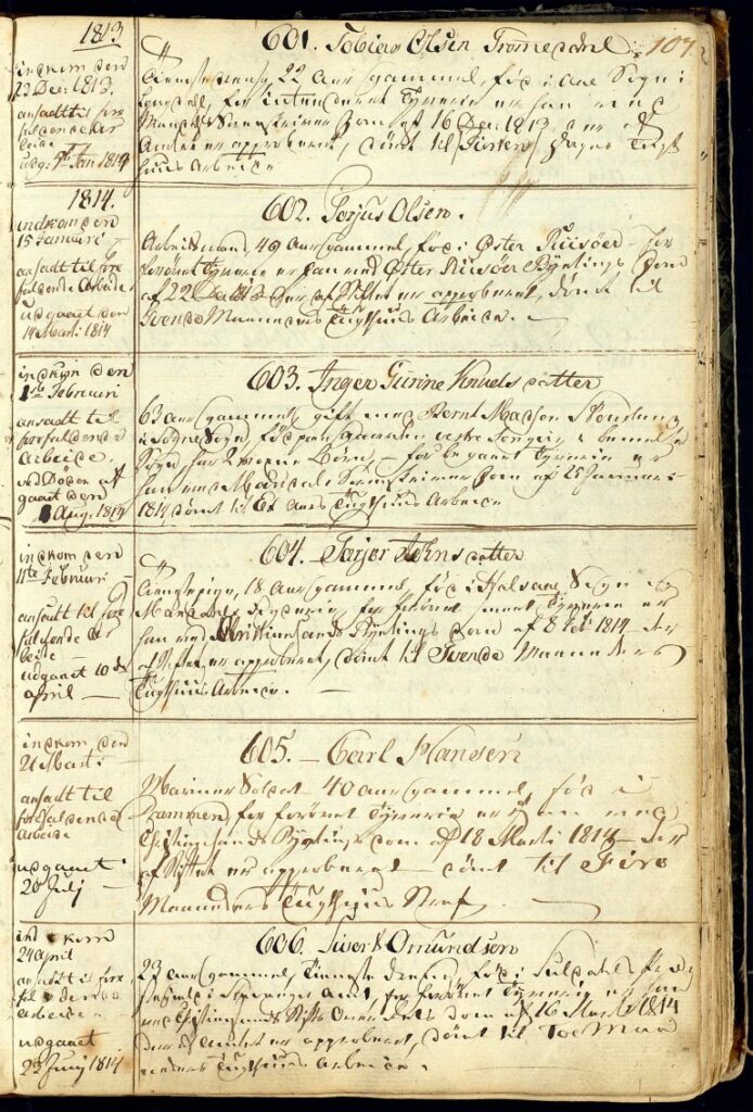 Innregistrerte fanger i Kristiansand tukthus i perioden desember 1813 - april 1814. Nederst finner vi nr. 606 Sivert Omundsen, 23 aar gammel Tieneste dreng, fød i Suldahls Præstegield i Stavanger Amt. Kristiansands stiftsoverrett dømte ham til to måneders tukthusarbeid for tyverier. (Arkivreferanse: Statsarkivet i Kristiansand, Kristiansand tukthus, Fangeprotokoll 1789-1835).