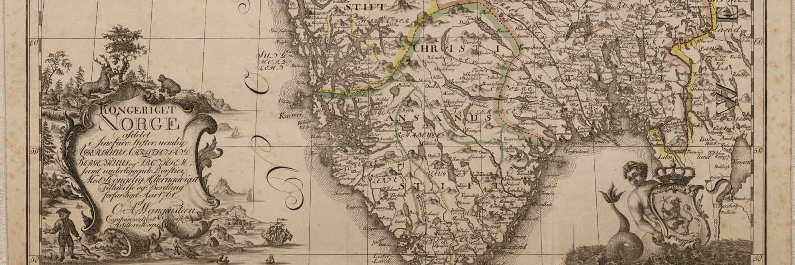 Utsnitt av O.A. Wangensteens kobberstikk fra 1761 over "Kongeriget Norge afdelet i sine fiire Stifter". (Kartverket)