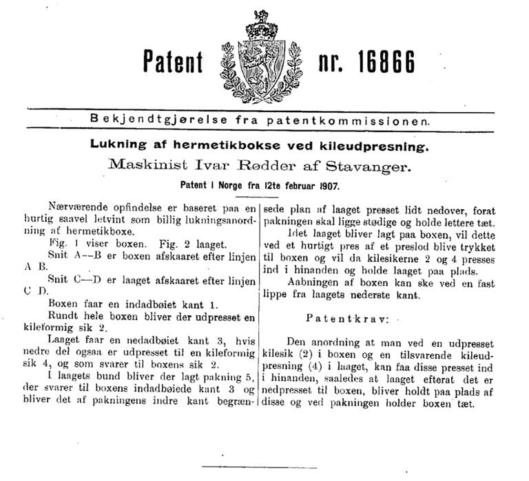Skannede illustrasjoner av Ivar Rødders patent på kileutpressing for hermetikkbokser, publisert i Norsk Patentblad nr. 41, 14. oktober 1907.