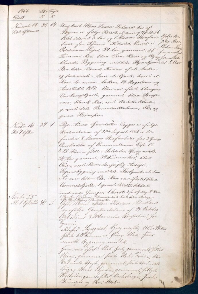 Her ser vi et eksempel på signalementsprotokoll i november 1866. Om Anna Sjursdatter Vegge står det at hun ble dømt i underretten 27. august 1866 til åtte måneders straffarbeid fordi hun tre ganger hadde overtrådt kriminallovens kapittel 18, § 25. (Hun hadde blitt gravid tre ganger med forskjellige menn.) Hun var født i Suldal, snakket norsk, var 34 år og 59 tommer høy (det vil si 154 cm hvis 1 tomme settes til 2,61 cm). Hun hadde blå øyne, sort hår, langaktig ansikt, middels legemsbygning og et arr over høyre øye. Hun var iført blant annet en blå vadmelskjole, flere tørklær, to skjorter, serk, sko, strømper, lue og vanter. (Arkivreferanse: Statsarkivet i Kristiansand, Kristiansand tukthus, Innkomne fanger, signalement- og effektbok 1860-1871.)