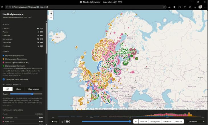 Skjermbilde av et interaktivt kart over Europa med tittelen «Nordic diplom ataria». Kartet viser geografisk fordeling av historiske dokumenter fra perioden 789–1590. Hundrevis av fargede sirkler markerer steder, med særlig mange i Norden og Sentral-Europa. Til venstre vises en oversikt over dokumentkategorier og antall, mens en tidslinje nederst gjør det mulig å utforske utviklingen over tid.